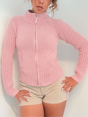 Vintage Y2K Say What? Baby Pink Zip Up Sweater Balletcore Rory Gilmore M